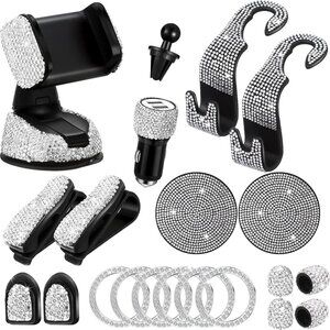 20 Pcs Bling Car Accessories Set - Silver Rhinestone Vehicle Accessories Set
